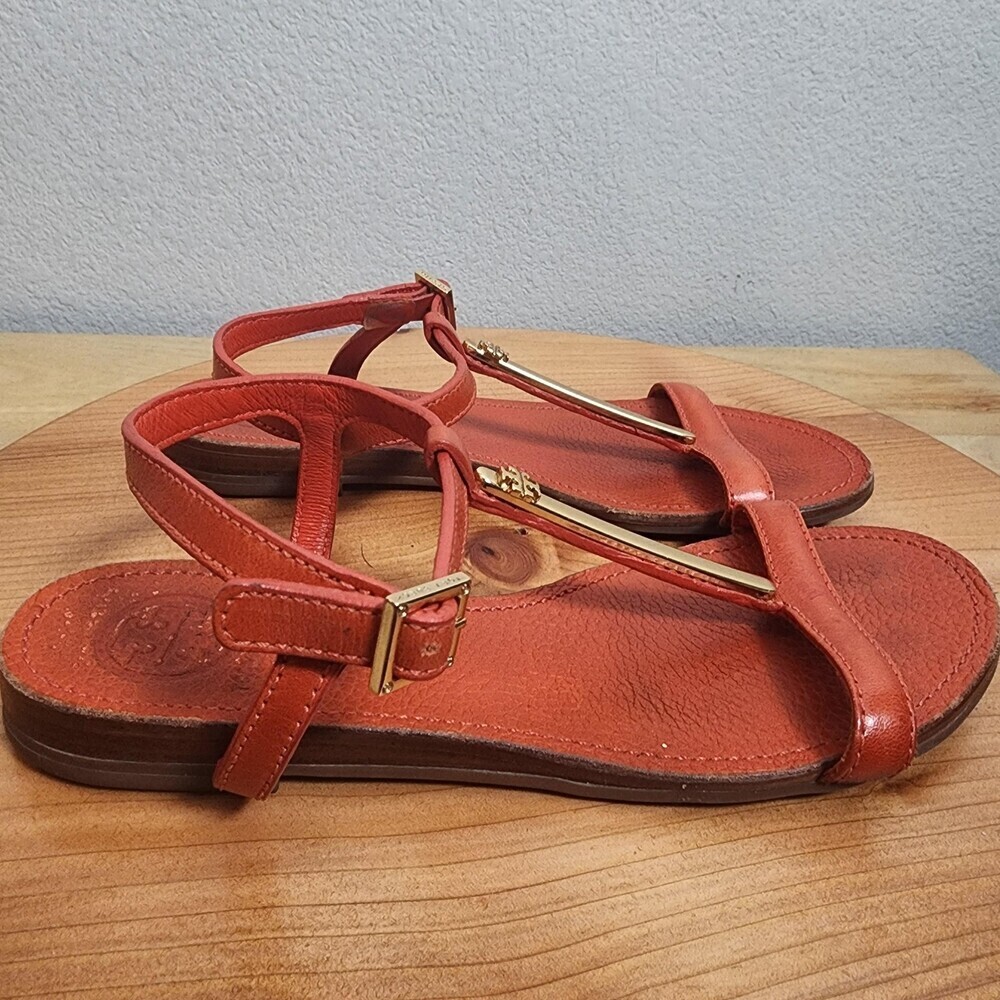 Tory Burch Shoes Womens Size 7 Orange Leather T-Strap Ankle Strap Flat Sandals